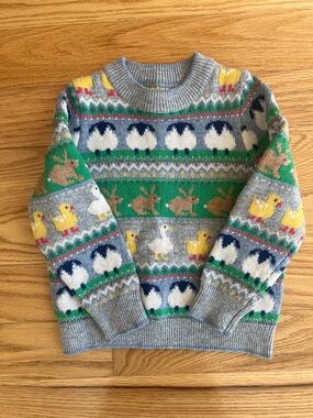 Mini Boden Grey Fair Isle Animal Knit Sweater with Yellow Ducks